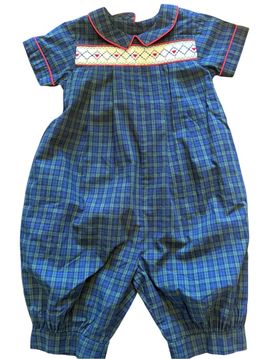Beaux et Belles Other - Vintage Beaux et Belles Blue & Green Plaid Smocked Kids Romper with Red Trim